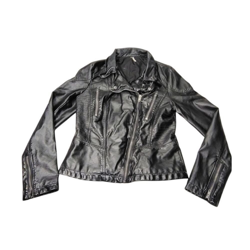 Free People Faux Leather Jacket Womens Size 12 Vintage Black Zippers Pockets